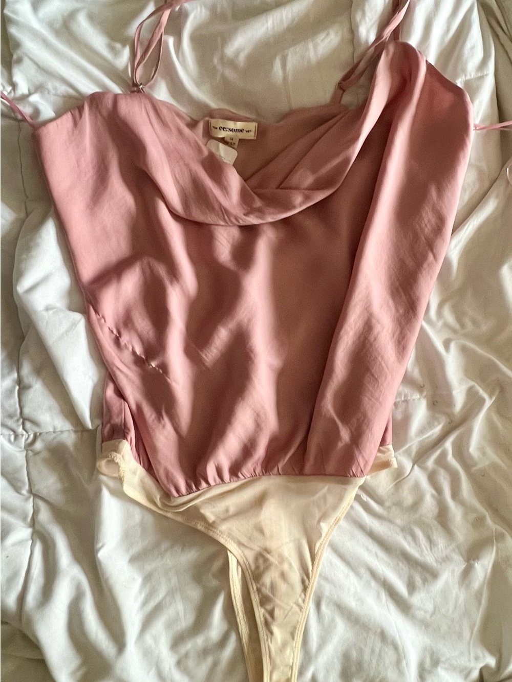 eesome Dusty Pink Cowl-Neck Bodysuit with Cream Trim
